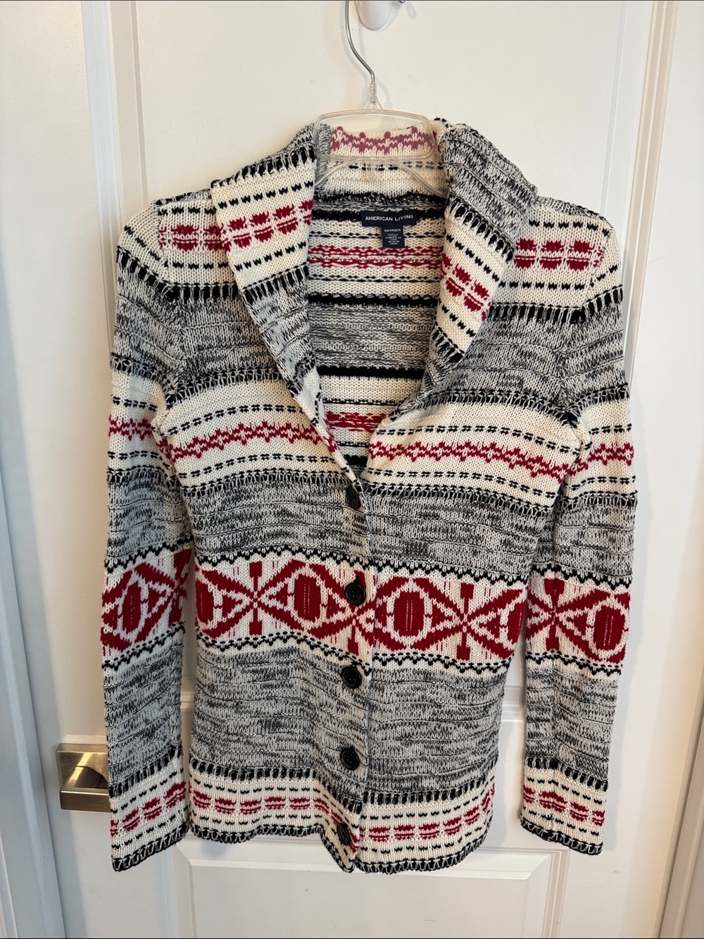 American Living Black, Cream & Red Fair Isle Shawl Collar Cardigan